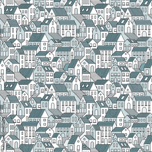Old town hand drawn seamless pattern. Vector endless background with town houses.