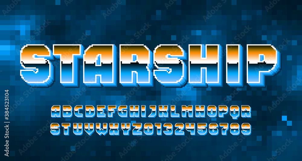 Starship alphabet font. Pixel letters, numbers and symbols. Space pixel background. 80s arcade video game typescript.