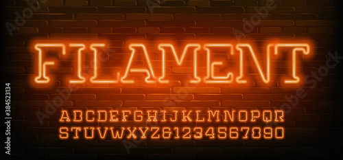 Filament alphabet font. Orange neon light letters and numbers. Stock vector typescript for your design.