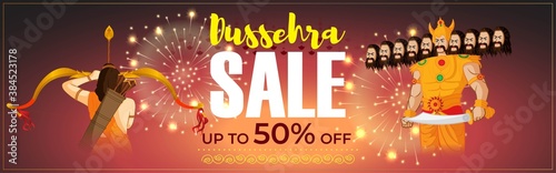 Vector illustration of Dussehra Sale banner, upto 50% off, Indian festival offer, Lord Rama holding bow and arrow in hands killing Ravana, fireworks on beautiful bokeh background.