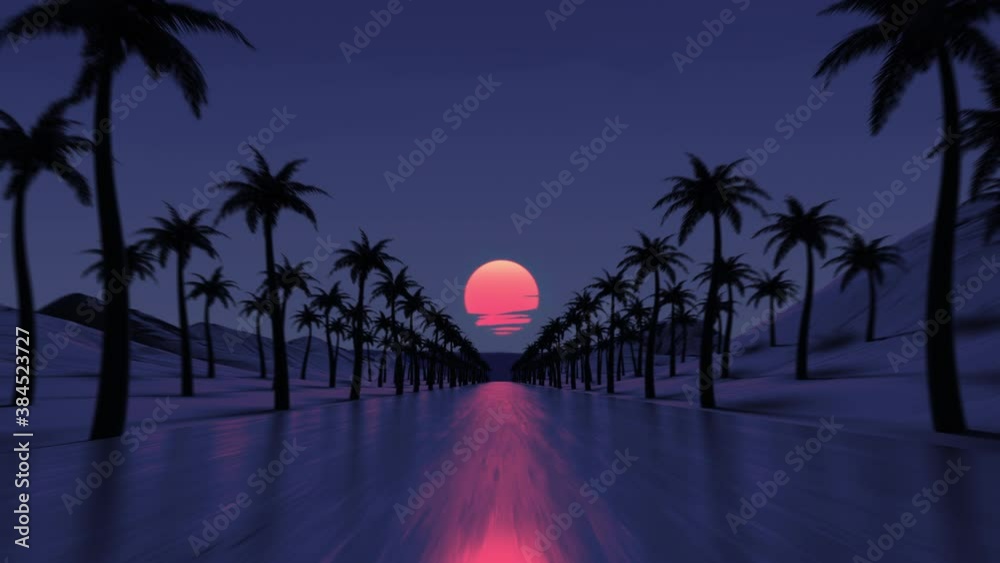 Sunset drive on tropical ocean coast road. Pink colored sun light reflection. Palm tree silhouettes along the highway. Mountains on the skyline. Countryside evening trip. Retro wave style 4K Animation