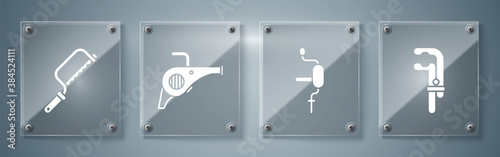 Set Clamp tool, Hand drill, Leaf garden blower and Hacksaw. Square glass panels. Vector.