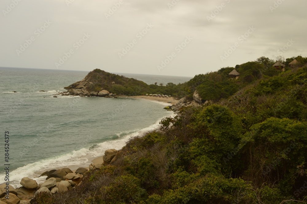 The stunning beaches and mountains of Parque Nacional Natural Tayrona in Santa Marta region of Colombia