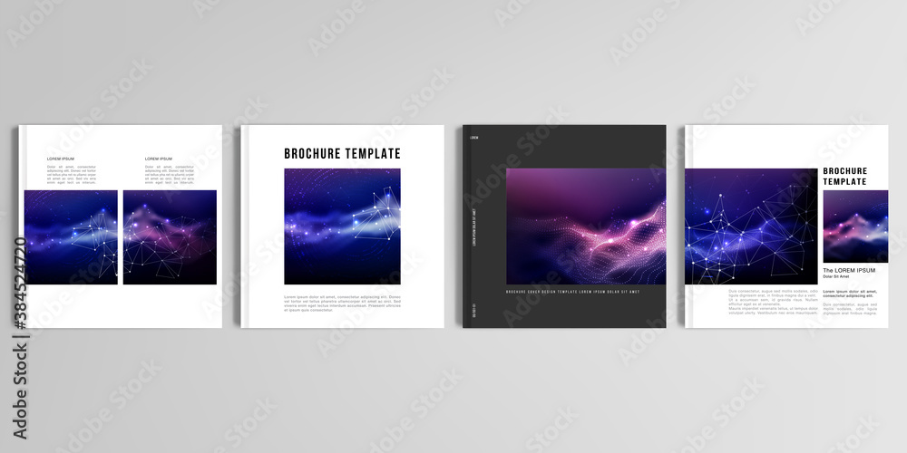Realistic vector layouts of cover mockup templates for square brochure, cover design, flyer, book design, magazine, poster. Digital data visualization, polygonal science dark background.