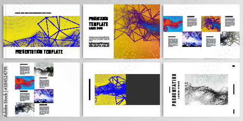 Vector layouts of presentation design templates for brochure, cover design, flyer, book design, magazine. Colorful wavy particle surface background for technology or science cyber space concept.