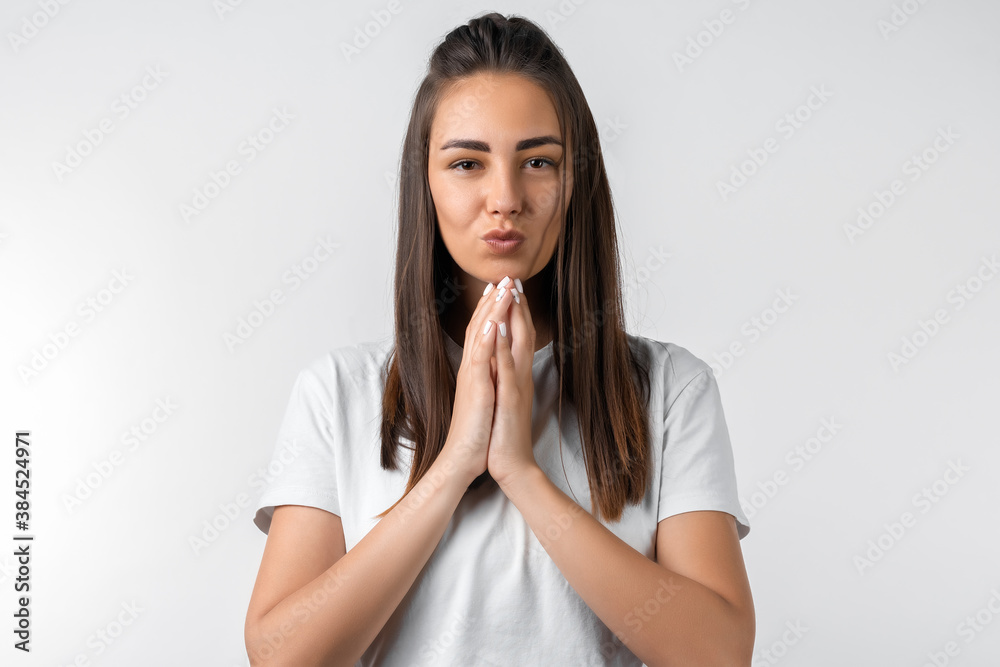 Photo of attractive female making up plan in mind, wanting to do something secretly. Facial expression concept Photo of attractive female making up plan in mind, wanting to do something secretly. Facial expression concept