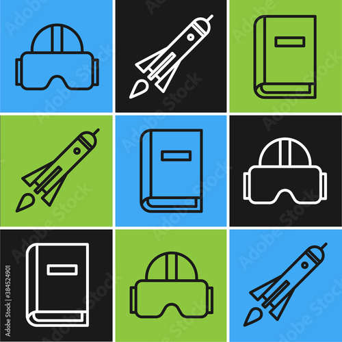 Set line Virtual reality glasses, User manual and Rocket ship with fire icon. Vector.