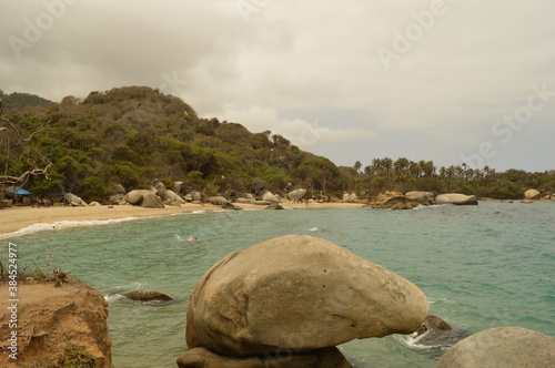 The stunning beaches and mountains of Parque Nacional Natural Tayrona in Santa Marta region of Colombia
