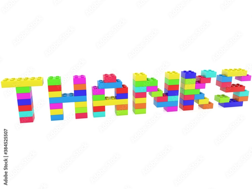 THANKS concept from colored toy bricks to white THANKS concept from colored toy bricks to white