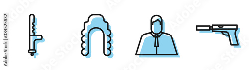 Set line Lawyer, attorney, jurist, Police rubber baton, Judge wig and Pistol or gun with silencer icon. Vector.