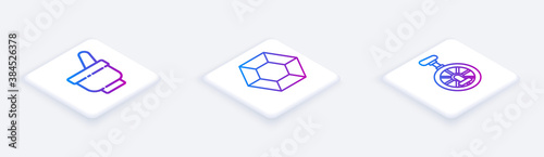 Set Isometric line Magic mortar and pestle, Magic stone and Unicycle or one wheel bicycle. White square button. Vector.