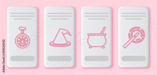Set line Unicycle or one wheel bicycle, Witch hat, Witch cauldron and Magic wand. White rectangle button. Vector.