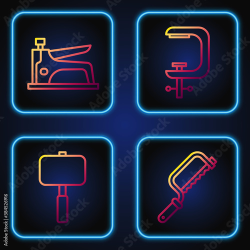 Set line Hacksaw, Sledgehammer, Construction stapler and Clamp and screw tool. Gradient color icons. Vector.