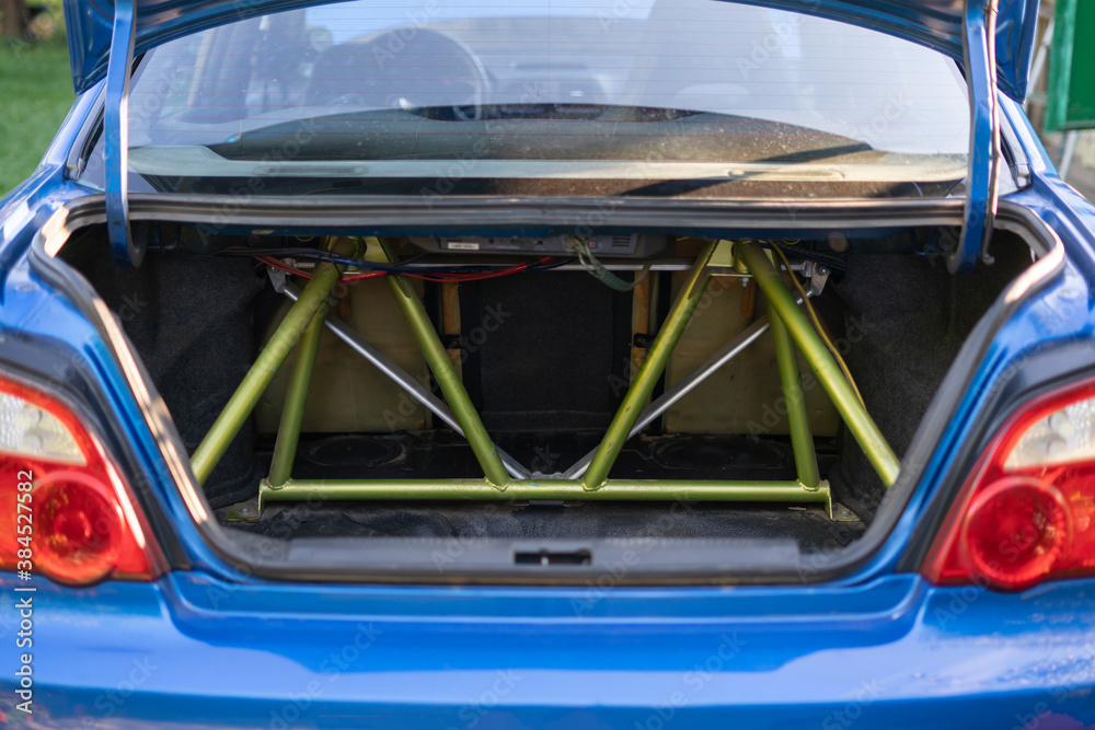 the inside the sport race car with the metal case or cage, anti-roll protection system