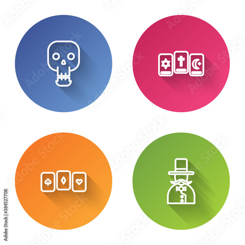 Set line Skull, Three tarot cards, Playing and Magician. Color circle button. Vector.