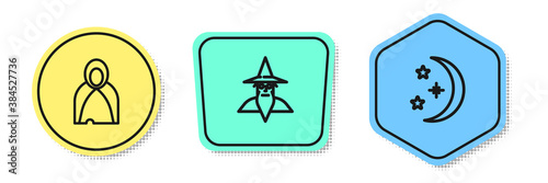 Set line Mantle, cloak, cape, Wizard warlock and Moon and stars. Colored shapes. Vector.