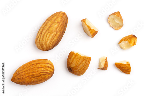 Almonds top view isolated on white background