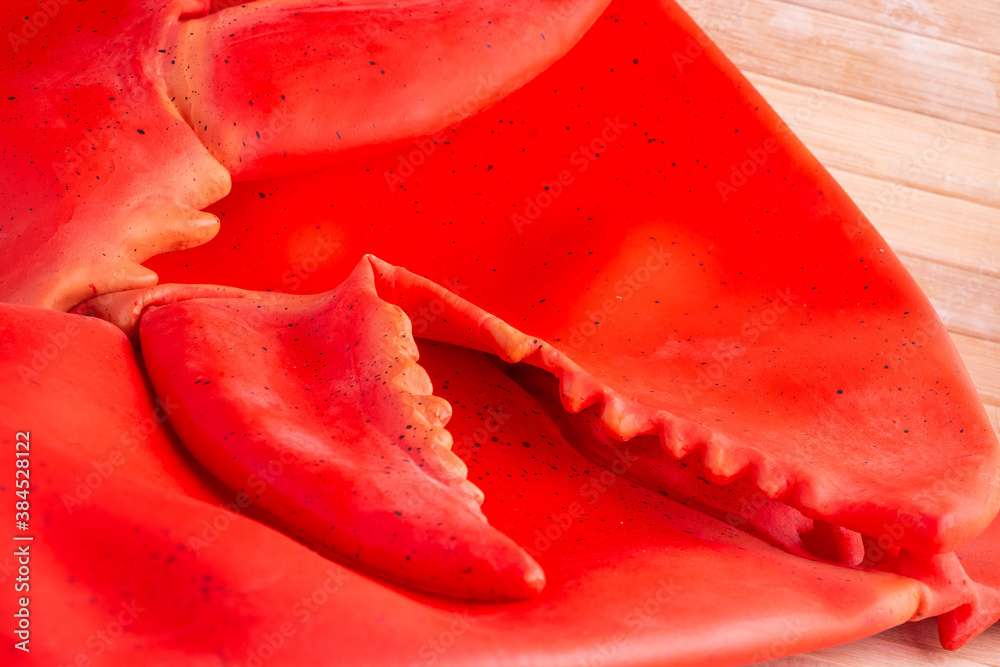 Close up latex red lobster claws as fun ocean texture background Close up latex red lobster claws as fun ocean texture background