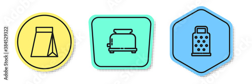 Set line Bag of coffee beans, Toaster and Grater. Colored shapes. Vector.