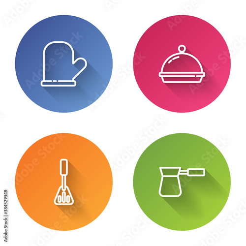 Set line Oven glove, Covered with tray of food, Spatula and Coffee turk. Color circle button. Vector.