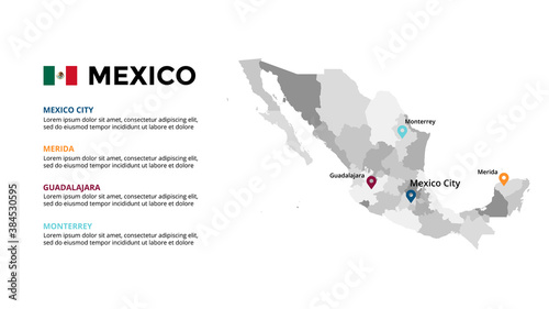 Mexico vector map infographic template. Slide presentation. Global business marketing concept. North America country. World transportation geography data. 