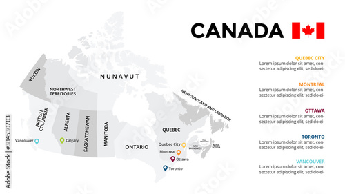 Canada vector map infographic template. Slide presentation. Quebec City, Montreal, Ottawa, Toronto, Vancouver. North America country. World transportation geography data.  photo