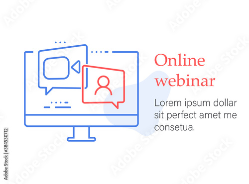 Webinar online course, distant education, video lecture, internet group conference, training test, work from home, easy communication, vector line icon.