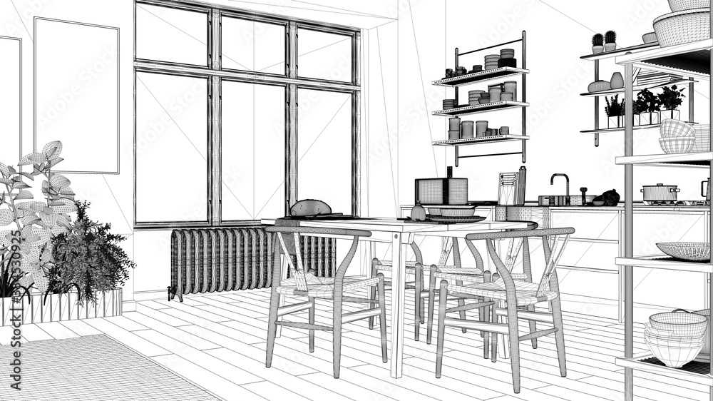 Blueprint project draft, country kitchen, eco interior design, sustainable parquet floor, dining table, chairs, wooden shelves, potted plants. Natural recyclable architecture concept