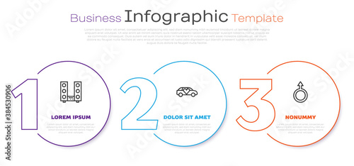 Set line Home stereo with two speakers, Limousine car and Male gender symbol. Business infographic template. Vector.