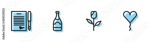 Set line Flower rose, Marriage contract, Champagne bottle and Balloon in form of heart icon. Vector.
