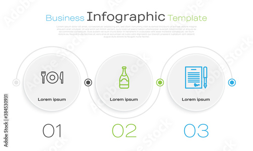 Set line Plate, fork and knife, Champagne bottle and Marriage contract. Business infographic template. Vector.