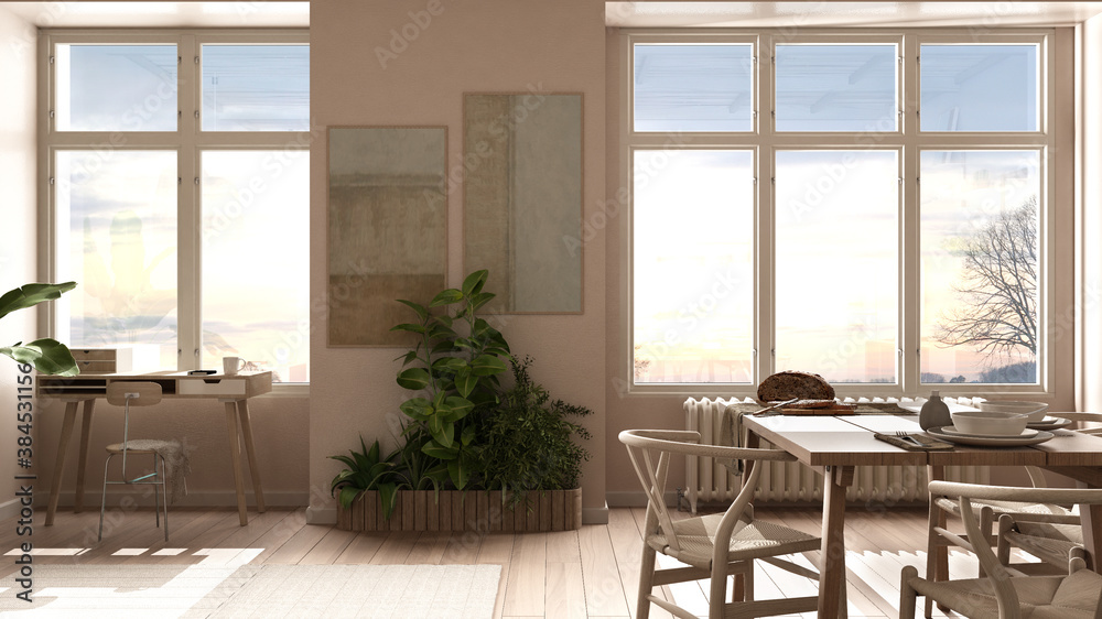 Country living room, eco interior design in beige tones, sustainable parquet, dining table with chairs, potted plants and bamboo ceiling. Natural recyclable architecture concept