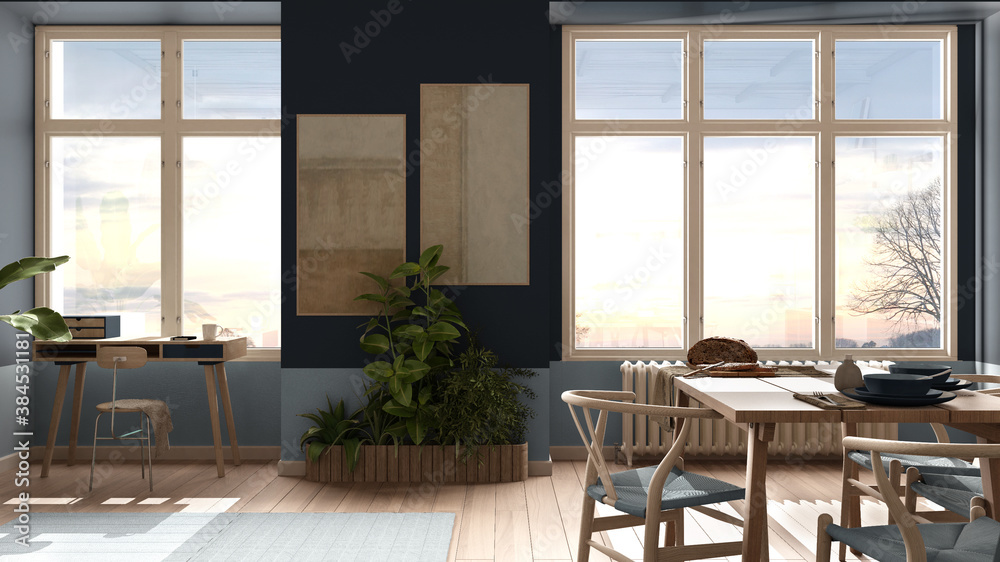 Country living room, eco interior design in blue tones, sustainable parquet, dining table with chairs, potted plants and bamboo ceiling. Natural recyclable architecture concept