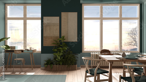 Country living room, eco interior design in turquoise tones, sustainable parquet, dining table, chairs, potted plants and bamboo ceiling. Natural recyclable architecture concept