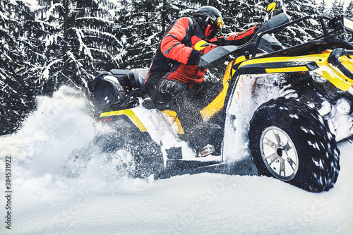 Winter walk on the quad bike in the forest.