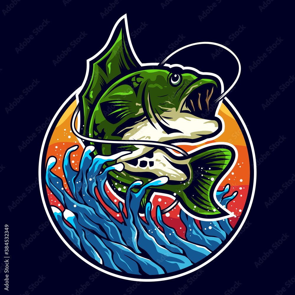 Fototapeta Bass fishing illustration logo design