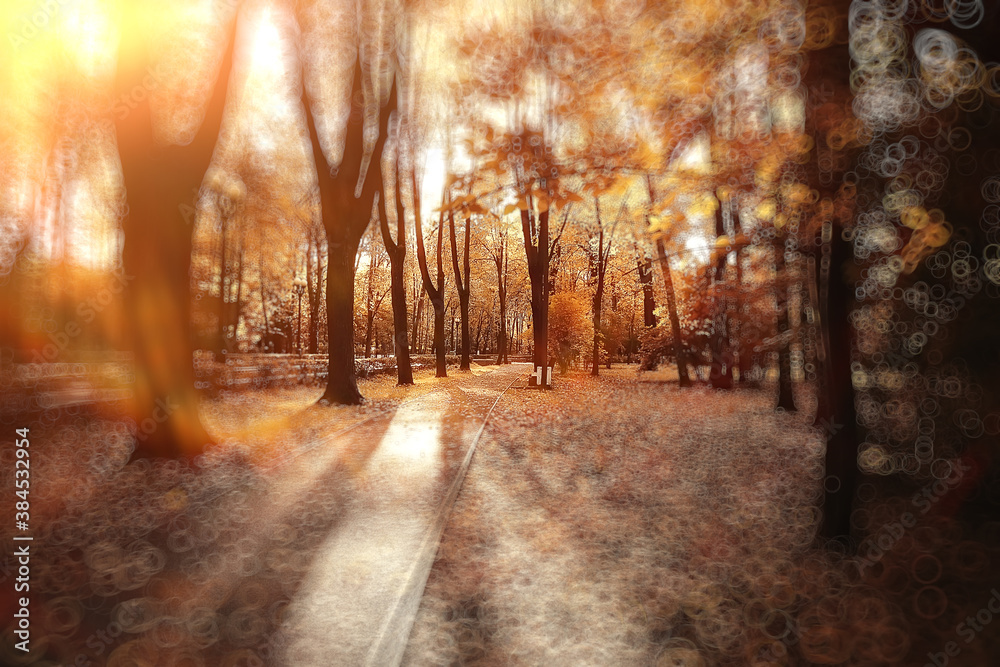 Abstract blurred background of an autumn park / beautiful landscape with highlights and bokeh on a sunny day in a yellow autumn city park