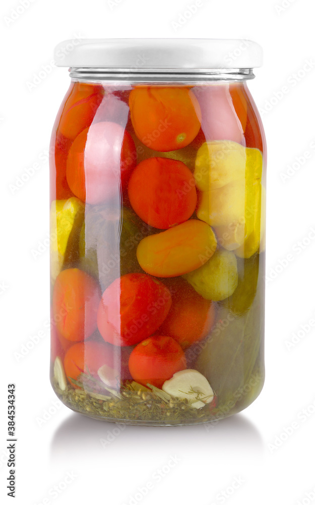 Canned vegetables in glass jars isolated on white background Canned vegetables in glass jars isolated on white background