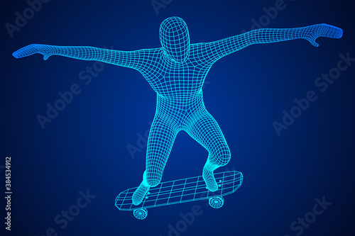 Skater doing jumping trick on skateboard. Wireframe low poly mesh vector illustration.