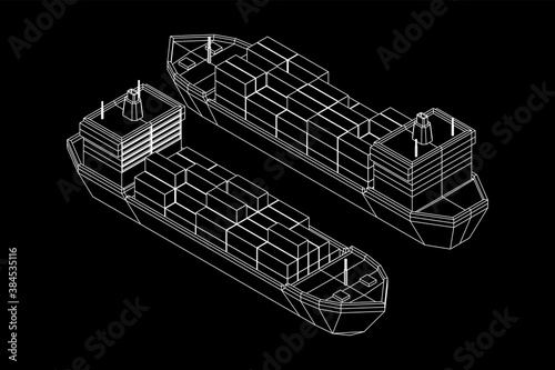 Heavy dry cargo ship of bulk carrier with freight containers. Wireframe low poly mesh vector illustration.