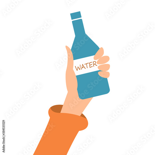 Drink plenty of water. Hand holding a bottle of water. Vector illustration in a flat style.