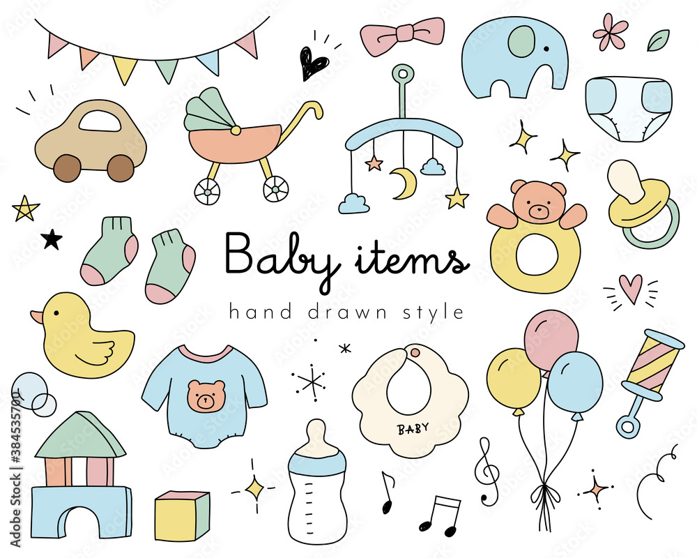 かわいい赤ちゃんアイテムの手描きイラストのセット ベビー おもちゃ こども グッズ 子育て 新生児 Vektornyj Obekt Stock Adobe Stock