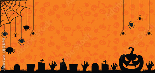 Happy Halloween banner for party invitation background, Happy Halloween banner background with tree grass spooky ghost, Halloween pumpkins, spiders and spider web