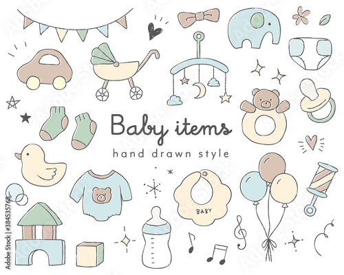 かわいい赤ちゃんアイテムの手描きイラストのセット／ベビー／おもちゃ／こども／グッズ／子育て／新生児