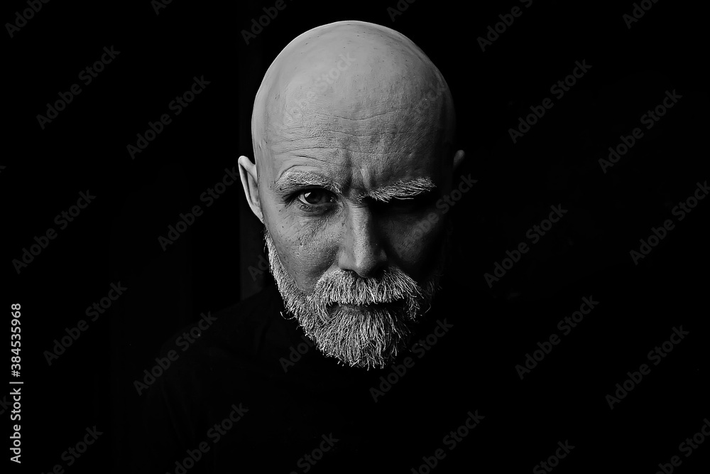 brutal bald bearded man / studio isolate, photo guy with a gray beard, bald head