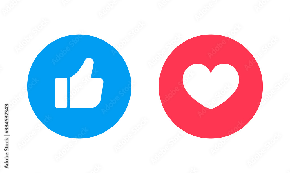 Thumb up and heart. Love icon and like icon. Social media reactions. Web buttons for social network.
