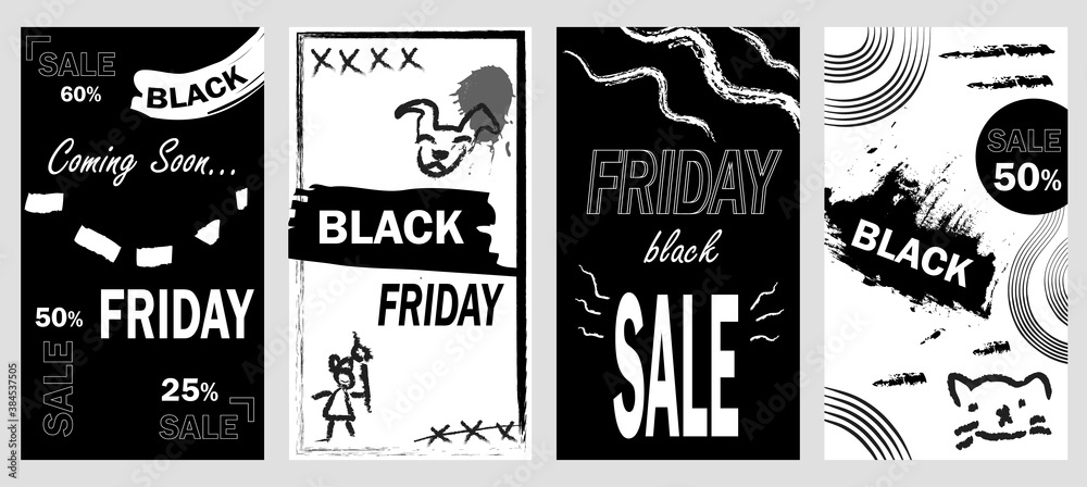 Black Friday Sale Instagram Stories. Hand Drawn Vector Illustration