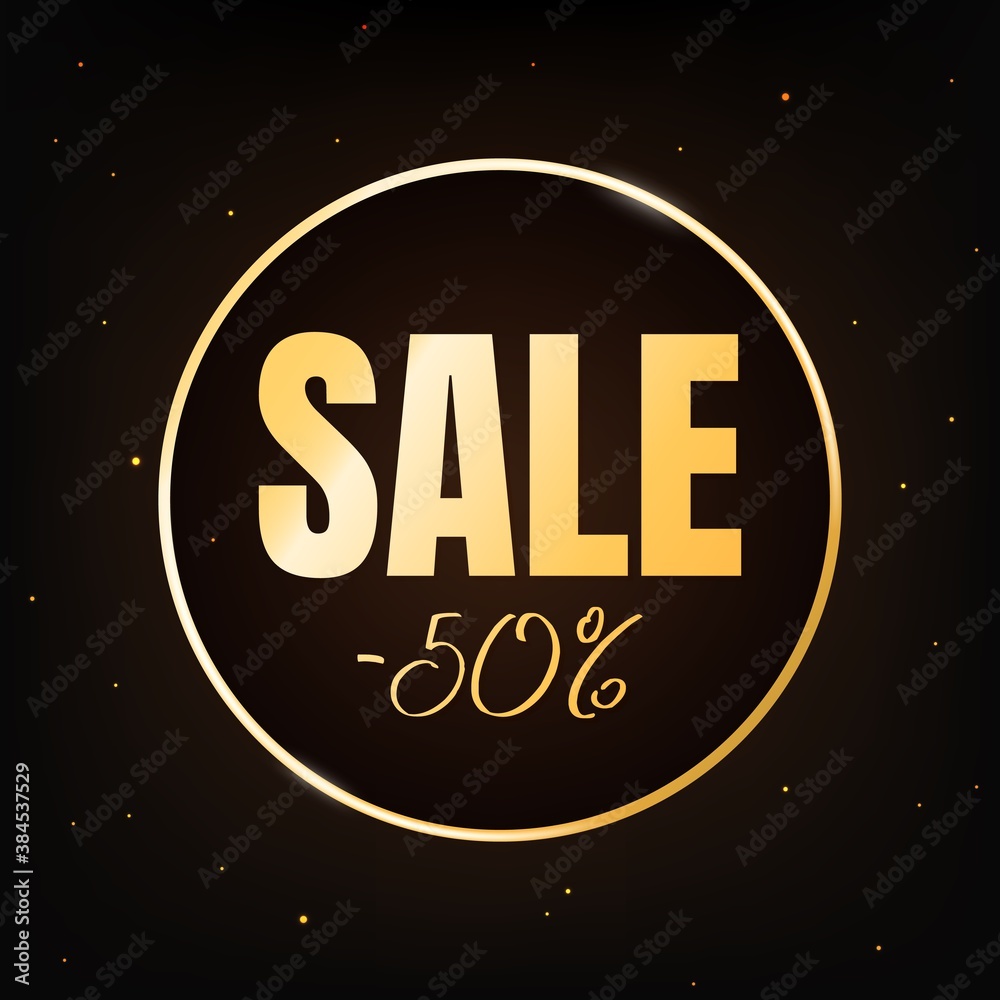 Sale discount -50 percent banner template on dark background. Text in golden round frame. Poster with selling sign. Marketing promo sale offer concept. Black Friday. Vector illustration.