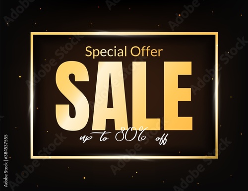 Sale discount -80 percent off banner template on dark background. Text in golden rectangle square frame. Poster with selling sign. Marketing promo sale offer concept. Black Friday. Vector illustration