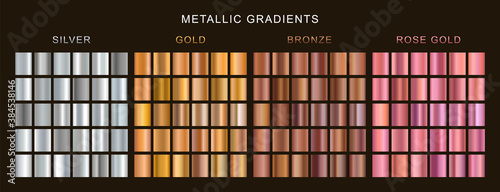 Set of gold, silver, bronze and rose gold gradients. Collection metallic textures. Vector gradients.